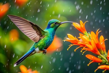 Obraz premium White-tailed Hillstar Hummingbird Hovering Near Orange Flower in Rain, Colombia