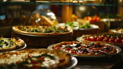 Diverse Restaurant Dishes Featuring a Central Pizza Under Soft Lighting