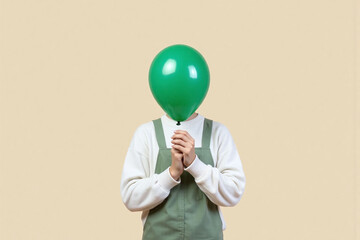 A person in white sweater and green overalls holding a green balloon covering face