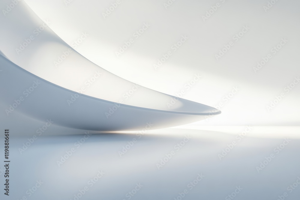 Poster a minimalist white plane featuring smooth curves and a radiant glow, creating a serene and elegant a