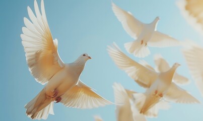 Fototapeta premium One of a number of white pigeons flying in the beautiful blue sky is clearly in focus, displaying the natural lighting and intricate feather structure, Generative AI.