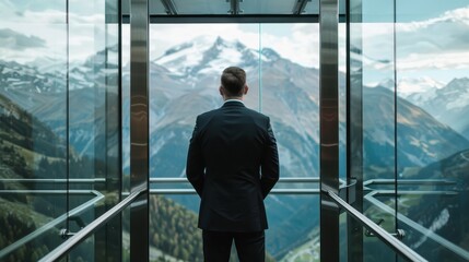 Confident businessman in glass elevator with mountain view