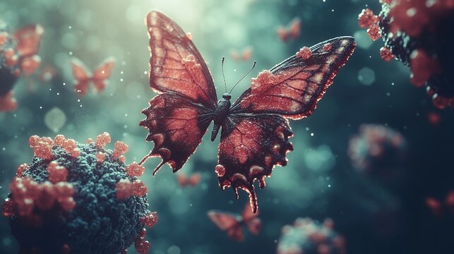 Crimson Butterfly Amidst Viral Bloom: A Surreal, Dreamlike Artwork