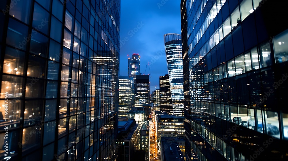 Poster Vibrant Cityscape View with Modern Skyscrapers Reflecting Dusk Lights Creating Urban Architecture Harmony : Generative AI