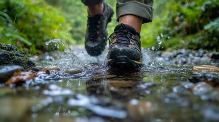 Closeup of Hiking Boots Splashing Through a Creek in a Forest