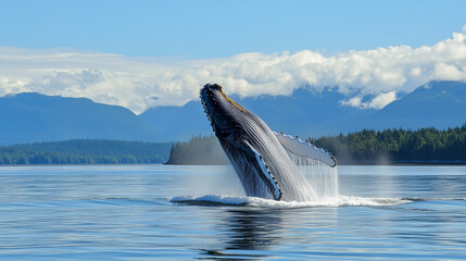 Fototapeta premium Majestic humpback whale breaching in the ocean under blue sky