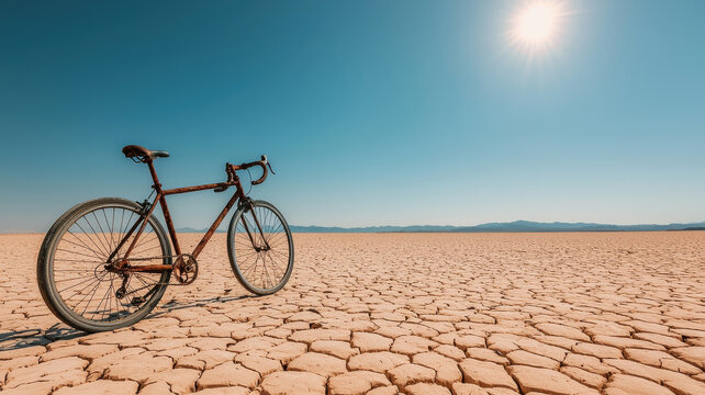 rusty bicycle left abandoned in cracked desert landscape under sun