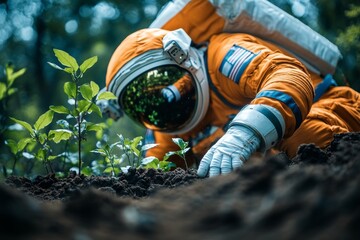 Fototapeta premium A man in an orange space suit is digging in the dirt