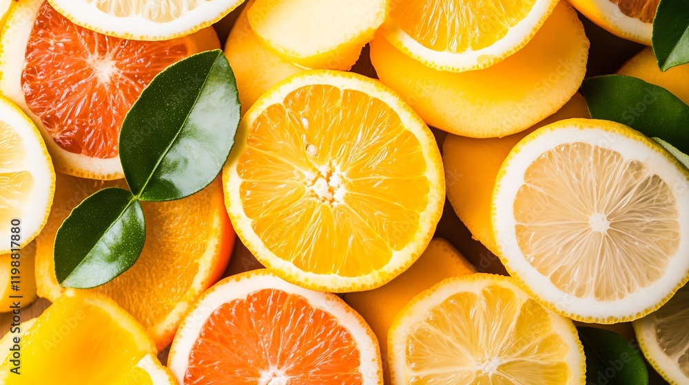 Aufkleber Assorted Sliced Citrus Fruits Display with Lemons Oranges and Grapefruits on a Rustic Wooden Background : Generative AI