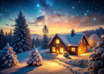 Winter Wonderland: Cozy Cabin, Falling Snow, Scenic Landscape