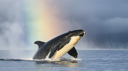Obraz premium Whale breaching with rainbow mist over serene ocean backdrop