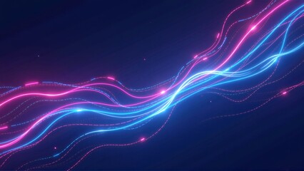 Obraz premium Neon Wave Abstract: Glowing Pink and Blue Lines Dance in Dark Space