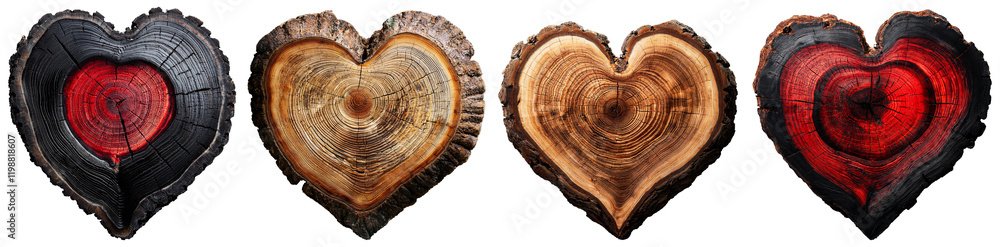 Poster extreme closeup of a cross section of a heart shaped tree trunk, isolated on transparent or white ba