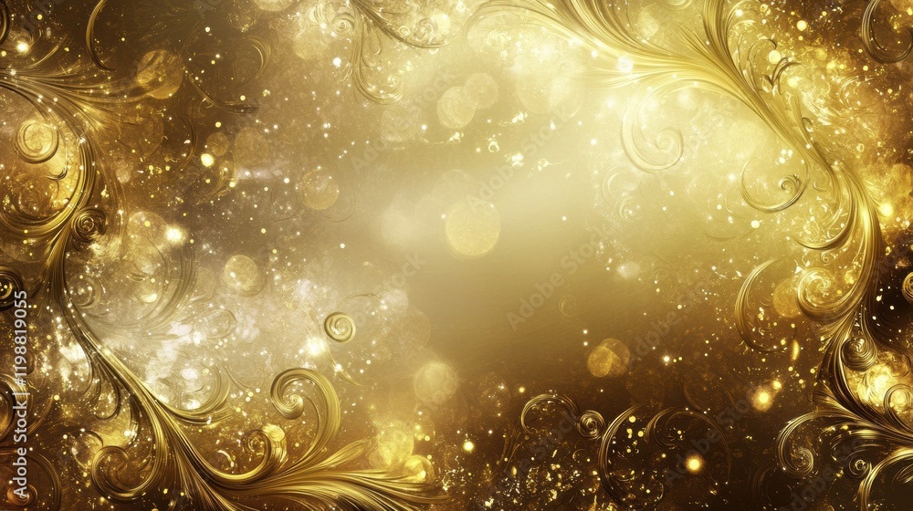Poster golden abstract background with swirling metallic patterns and soft glowing highlights