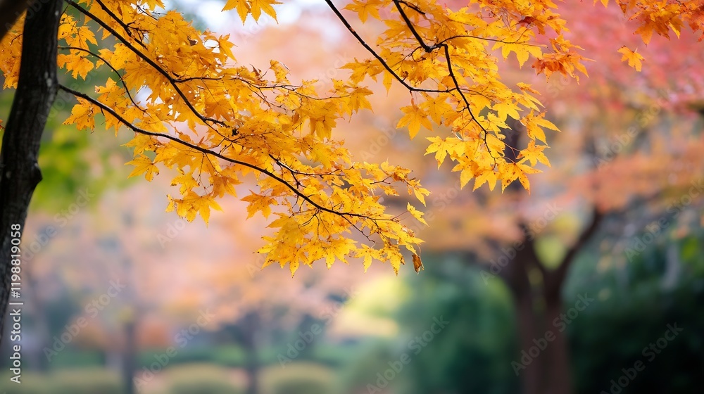 Poster Vibrant Autumn Leaves on Trees Creating Colorful Canopy in Park Setting : Generative AI