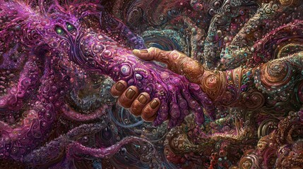 Psychedelic Organic Handshake Abstract Surreal Art Vibrant Colors Intricate Details