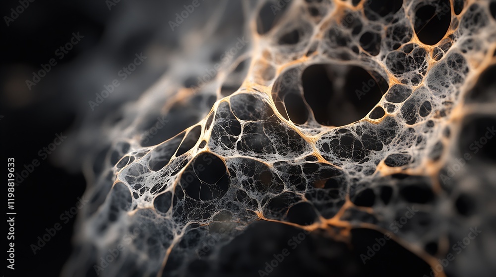 Poster intricate organic network structure with orange highlights on black background : generative ai