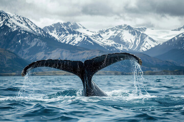 Obraz premium Fantastically beautiful majestic huge whale in deep blue ocean, abstract vivid composition consists of fictional unreal fantastic vision on background