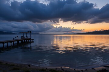 Serene Sunset over Calm Lake with Wooden Dock and Dramatic Cloudscape