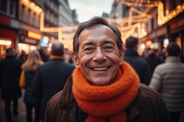 joyful moment in crowded street scene with elderly man