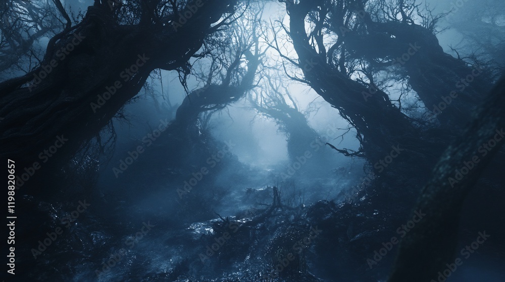 Poster dark, misty forest path with twisted trees.