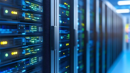 Naklejka premium Close-Up View of Data Center Server Racks with Illuminated Power Indicators : Generative AI