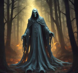 Illustration of glowing ghost in creepy forest.