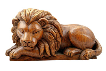 Majestic wooden lion sculpture resting peacefully in natural wood tones and rich textures
