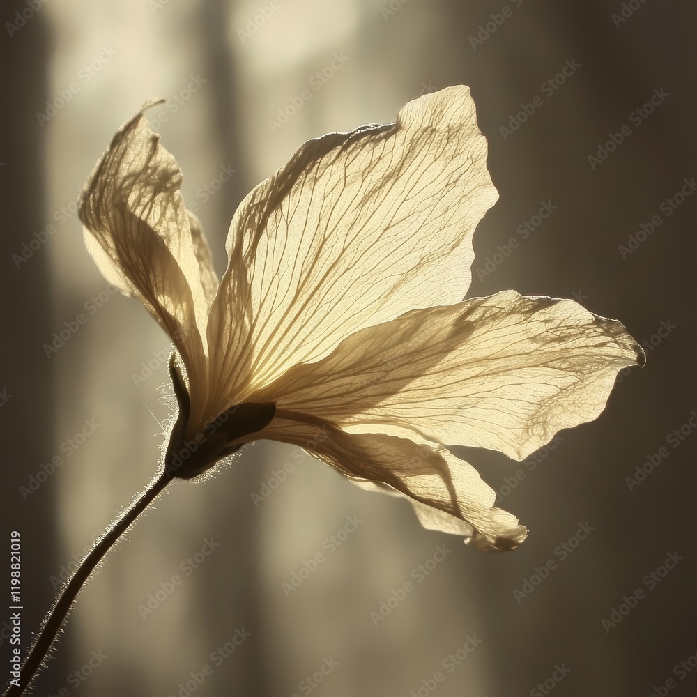 Poster a close-up of a translucent flower petal illuminated by soft sunlight, creating a dreamy and etherea