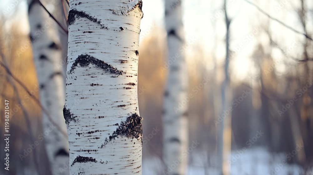 Poster white birch trees in soft light with autumn to winter transition : generative ai