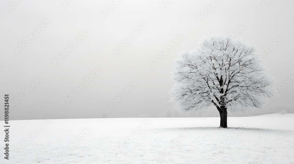 Poster solitary tree in a snowy winter landscape with minimalist white background : generative ai