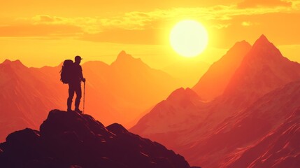 Silhouette of a Hiker on a Mountaintop at Sunset