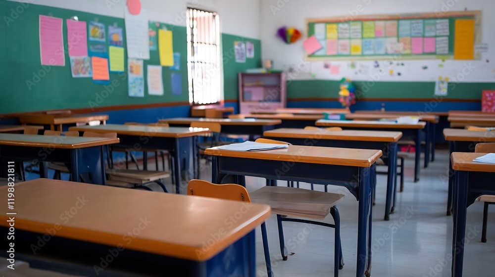 Poster empty classroom with wooden desks and colorful walls ready for students to learn : generative ai
