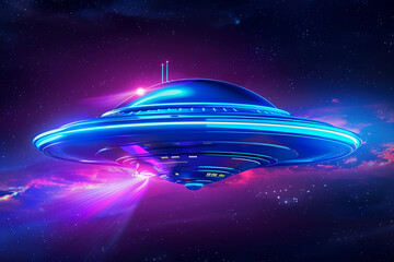 Obraz premium Iron oval UFO saucer hovering over beautiful landscape in deep dramatic sky, abstract vivid composition consists of fictional unreal fantastic vision on background