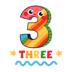 A bold and engaging number 3 crafted for preschool children, showcasing playful textures, vibrant patterns, and bright colors, perfect for learning.