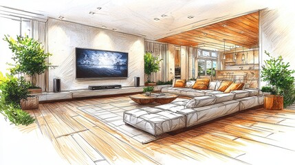 Modern living room sketch design with large sectional sofa, hardwood floors, and large-screen TV.