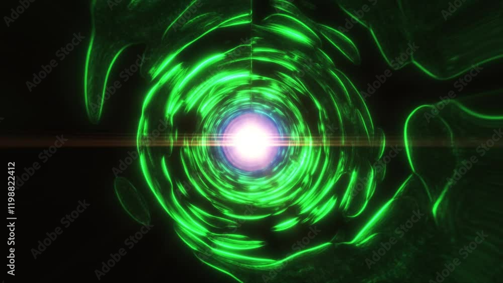 Poster a tunnel with intense green light and a bright center, creating a sci-fi vibe with abstract energy a