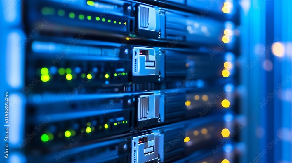 Poster Close Up of High Efficiency Server Racks with Activity Indicator Lights in a Data Center : Generative AI