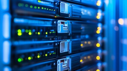Close Up of High Efficiency Server Racks with Activity Indicator Lights in a Data Center : Generative AI