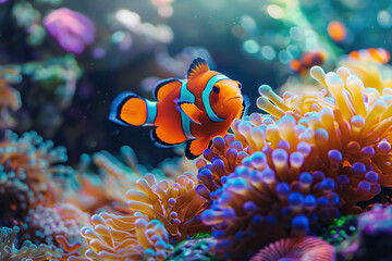 Fantastically beautiful bright clownfish swims in deep sea among color corals, abstract vivid composition consists of fictional unreal fantastic vision on background