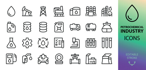 Petrochemical industry line icons set. Set of crude oil, petrochemical plant, barrel, storage tank, refinery, fuel, production, extraction, petroleum vector symbol with editable stroke