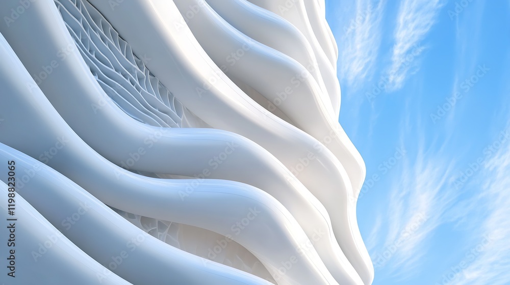 Poster Futuristic white curvilinear architectural structure against blue sky : Generative AI
