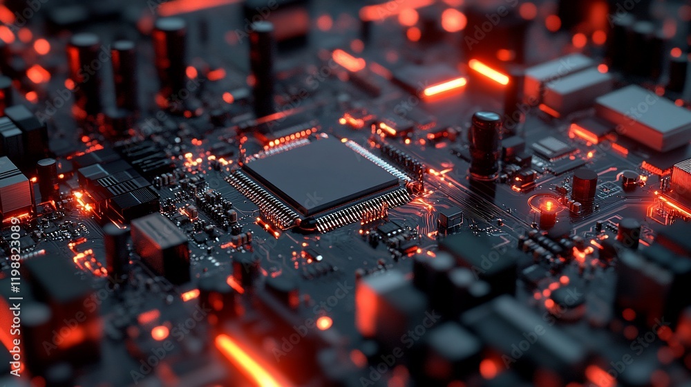 Poster close-up of a computer motherboard with a central processing unit (cpu) glowing red.