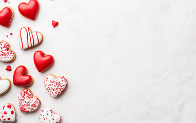 Heart-Shaped Valentine Cookies on White Marble Background
