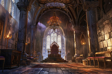Fototapeta premium Fantastically beautiful throne of power of king or queen in throne room, abstract vivid composition consists of fictional unreal fantastic vision on background