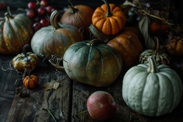 Autumn Harvest Display of Colorful Pumpkins and Fruits on Wood