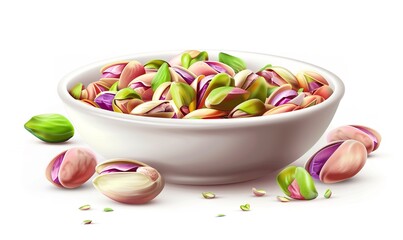 Pistachio nuts with shells scattered in a white bowl, exposing the tasty green and purple seeds, against a white backdrop, Generative AI.