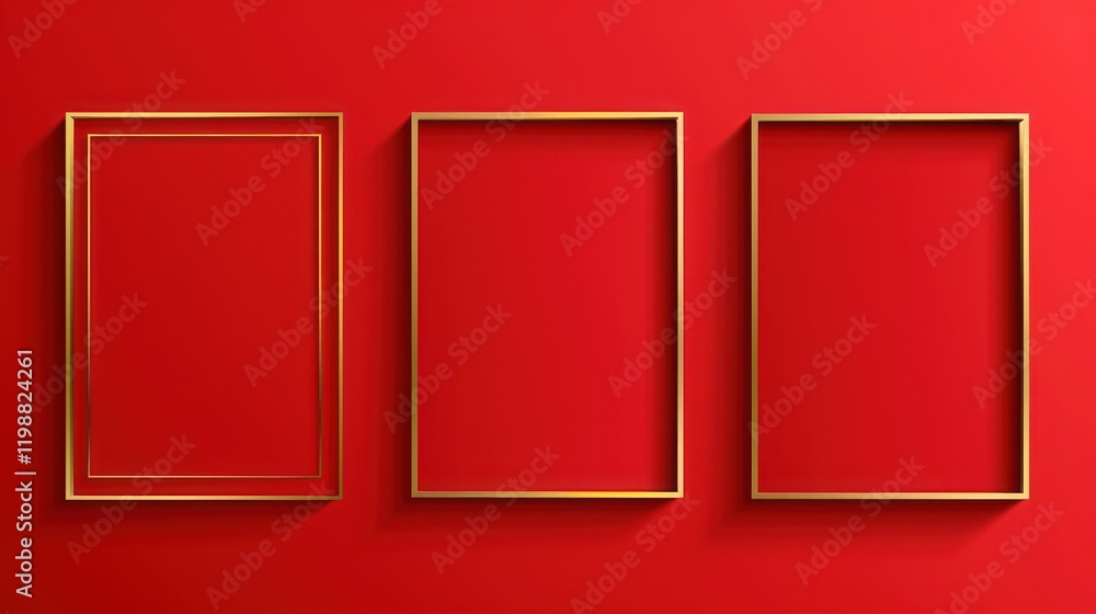 Aufkleber empty picture frames on a vibrant red wall background for art display and creative design projects