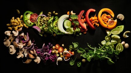 Vibrant array of fresh salad ingredients arranged in a curve