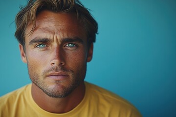 Fototapeta premium A close-up portrait of a young man with striking blue eyes and a serious expression against a blue background.